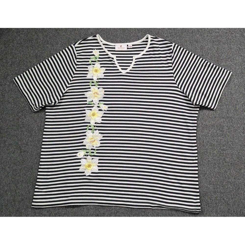Quaker Factory Shirt Womens 2X Black White Stripe Coastal Granny Cottagecore